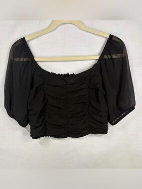 Altar’d State Black Ruched Milkmaid Crop Top Sheer Puff Sleeve Medium